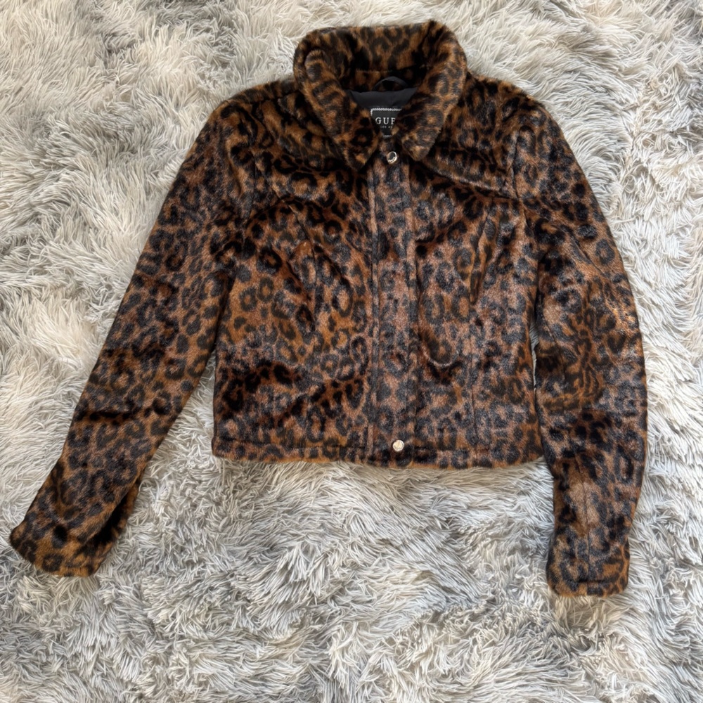 Guess Brown Leopard Faux Fur Coat XS Zip Up Snap Cropped Collared Bomber
